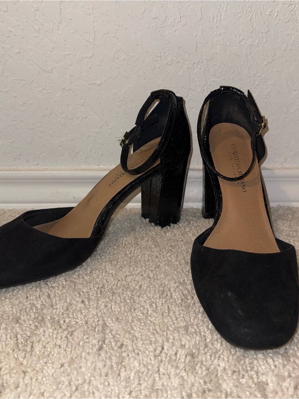 Christian Siriano Black Suede & Patent Block Heel Ankle-Strap Pumps size 8.5